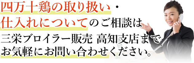 四万十鶏の取り扱い・ 仕入れについてのご相談は 三栄ブロイラー販売 高知支店まで お気軽にお問い合わせください。